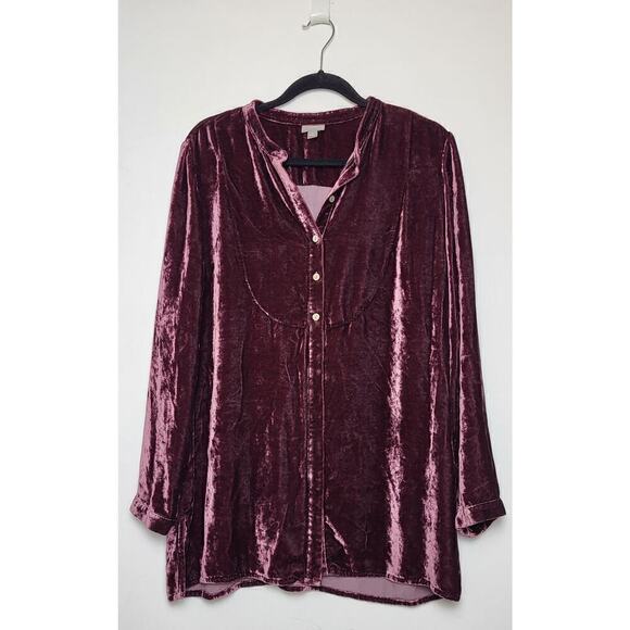 J.Jill Large Silk Blend Crushed Velour Tunic Top Purple Plum Button Down Shirt - Picture 1 of 7